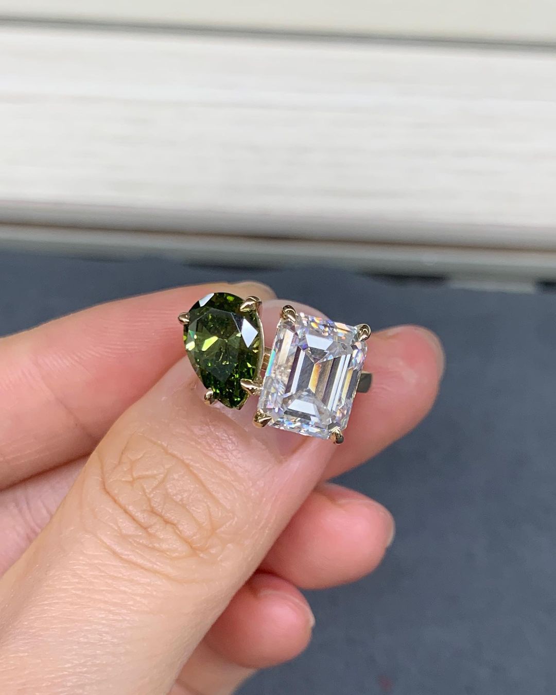 2.88Ct White Emerald And Green Pear Cut Two Stone Ring | Wedding Ring For Bridal | Toi Et Moi Ring