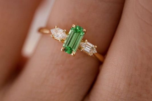 2.2Ct Green Baguette Cut Three Stone Ring | Engagement Ring For Fiancee | Women Jewelry | Timeless Design