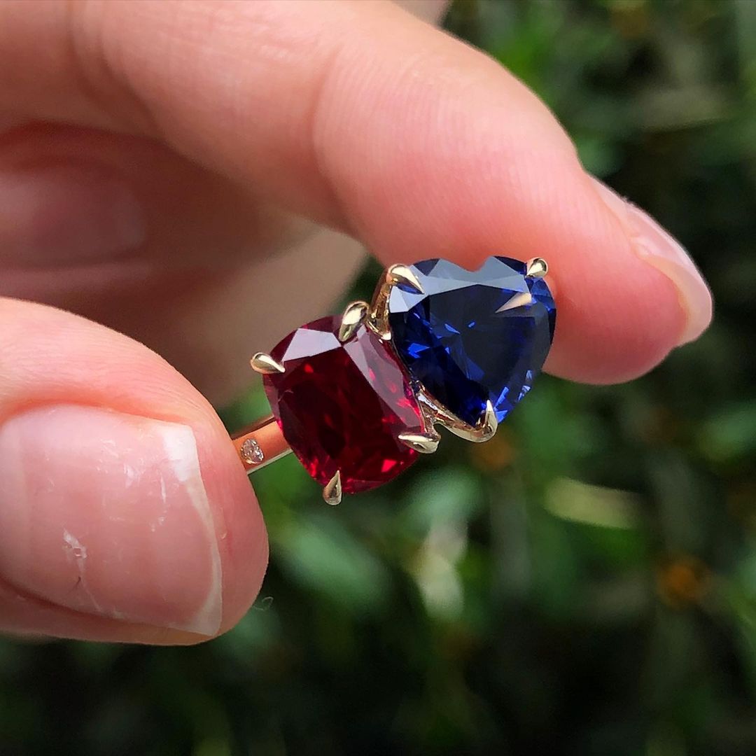 3.20Ct Blue Heart And Red Cushion Cut Two Stone Ring | Toi Et Moi Ring | Engagement Ring For Fiancée