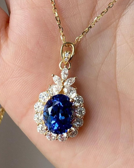 2.80Ct Blue Oval Cut Halo Pendent |Birthday Gift Pendant For Wife | Jewelry Collection | Delicate Pendent For Women