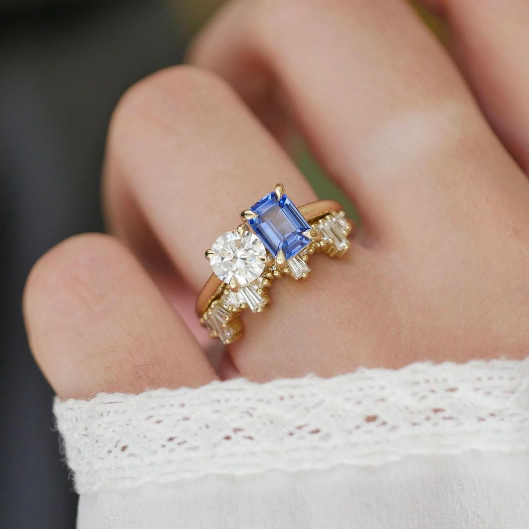 2.5CT White Round And Blue Emerald Cut Two Stone Ring Set | Anniversary Gift Ring Set For Wife | Toi Et Moi Ring Set | Designer Ring Set