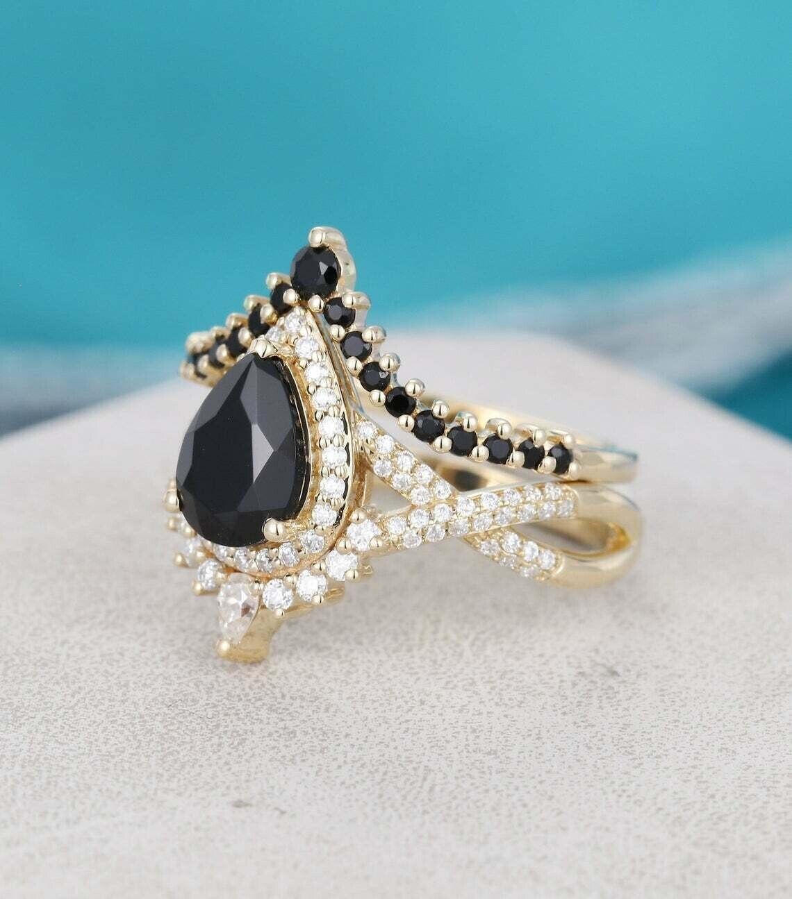2.60Ct Black Pear Cut Halo Ring Set | Anniversary Gift Ring Set | Women Jewelry