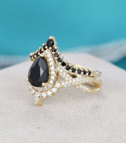 2.60Ct Black Pear Cut Halo Ring Set | Anniversary Gift Ring Set | Women Jewelry