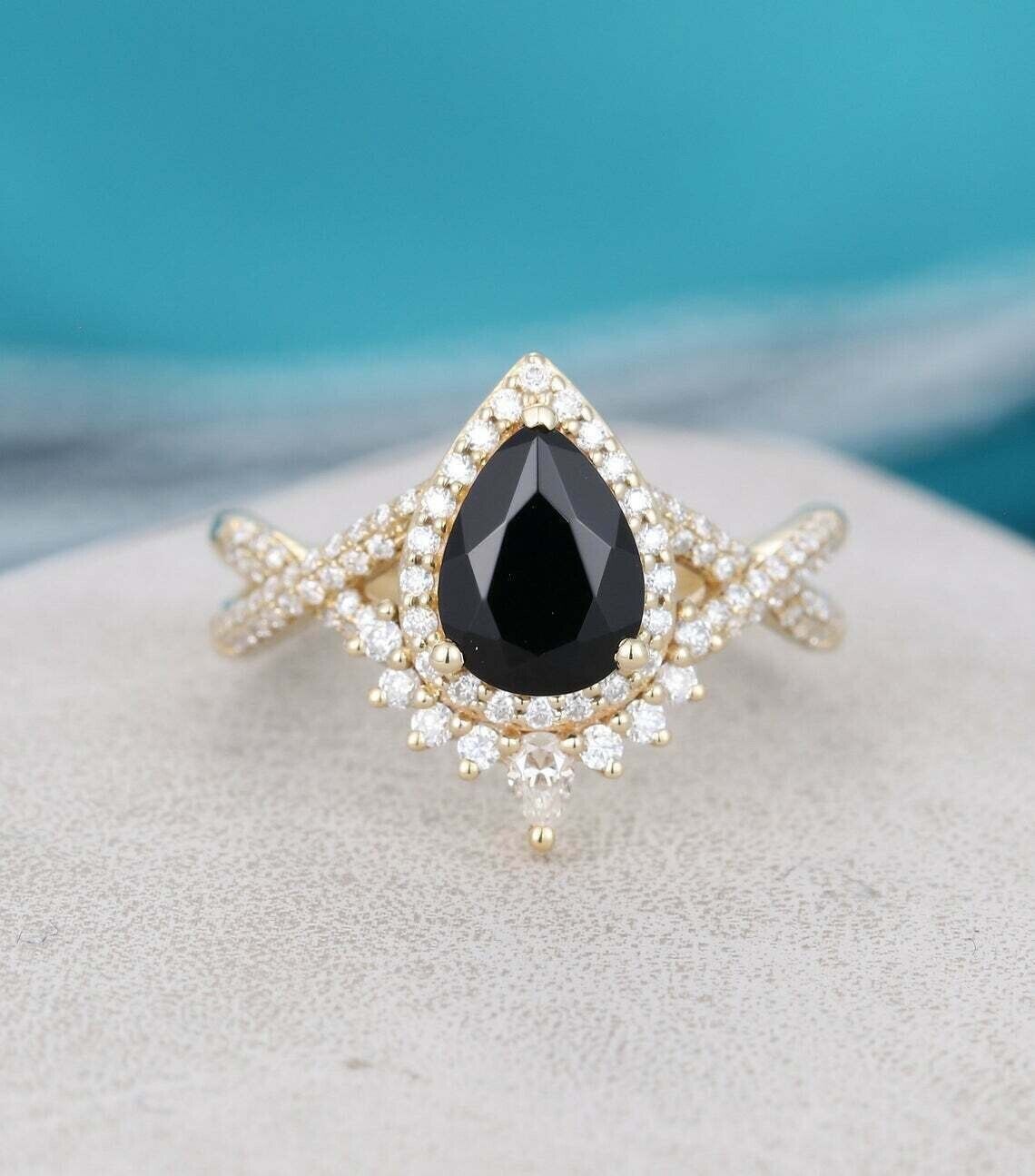 2.60Ct Black Pear Cut Halo Ring Set | Anniversary Gift Ring Set | Women Jewelry