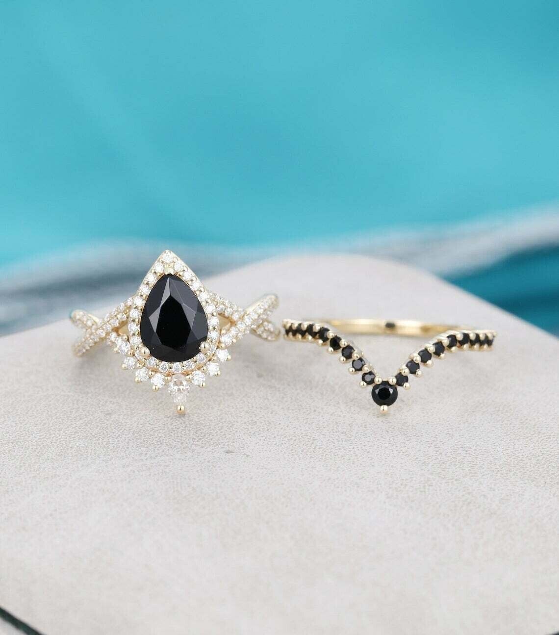 2.60Ct Black Pear Cut Halo Ring Set | Anniversary Gift Ring Set | Women Jewelry