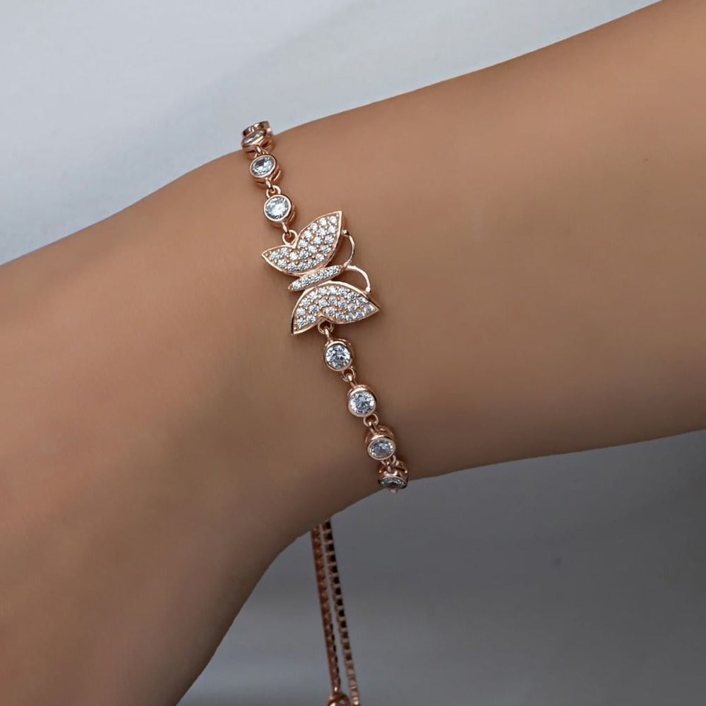 Butterfly White Round Brilliant Cut Signity Diamond Cluster Bracelet For Women | Box Chain Adjustable Bracelet For Her | Beautiful Designer Bracelet