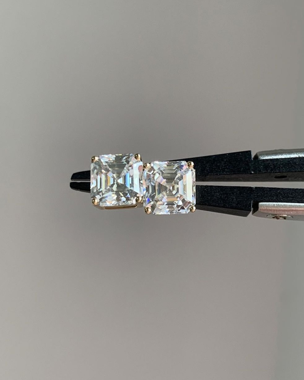 White Asscher Cut Cubic Zirconia Solitaire Stud Earring For Her | Anniversary Gift Earring For Wife | Elegance Design Earring