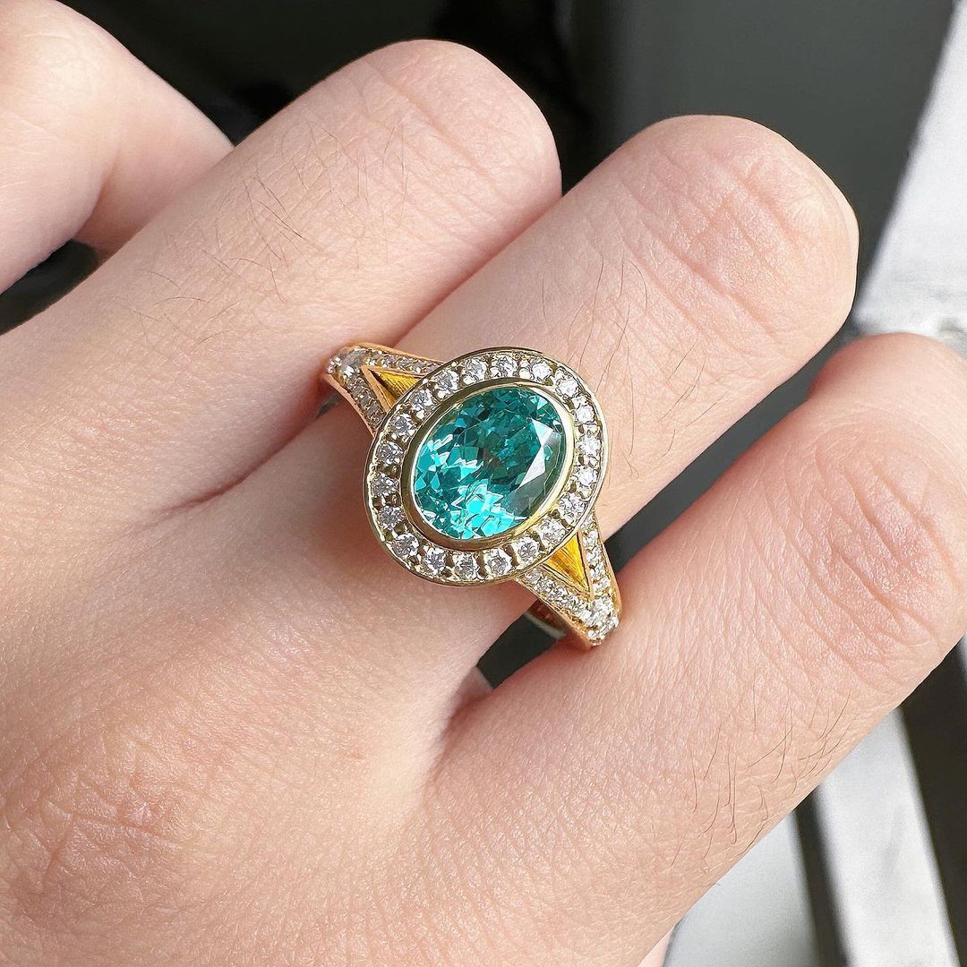 3.20Ct Aquamarine Color Oval Cut Bezel With Halo Ring | Split Shank Ring | Party Wear Ring For Women | Birthstone Ring