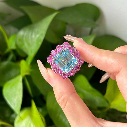 3.20Ct Aquamarine Color Emerald Cut Halo Ring | Party Wear Ring For Women | Bridal Jewelry Collection