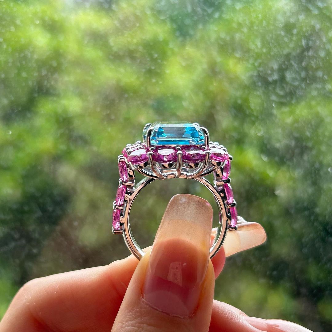 3.20Ct Aquamarine Color Emerald Cut Halo Ring | Party Wear Ring For Women | Bridal Jewelry Collection