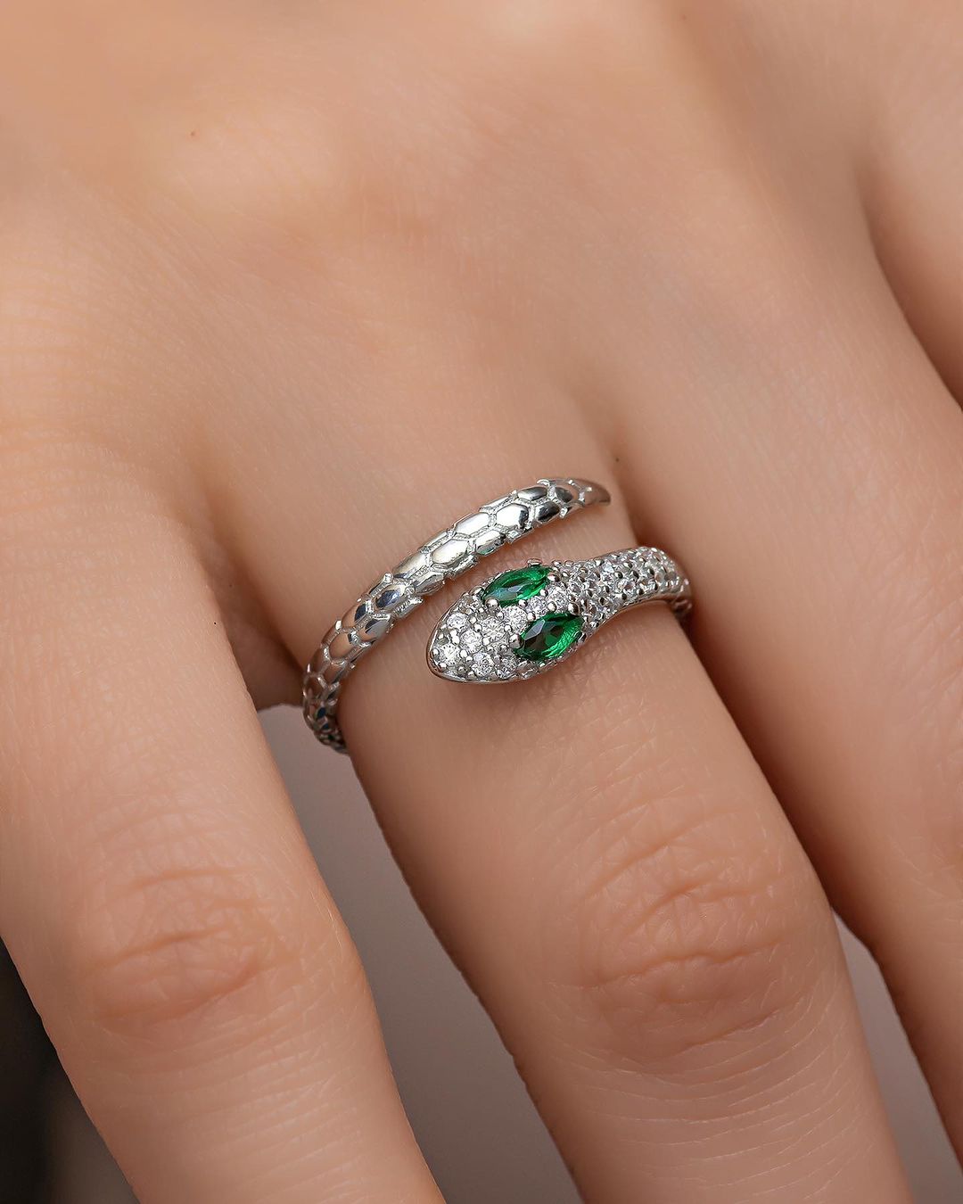1.5Ct Green Marquise Cut Solitaire With Cluster Snake Ring | Bypass Ring For Women | Classic Design Ring For Her | Personalized Gift