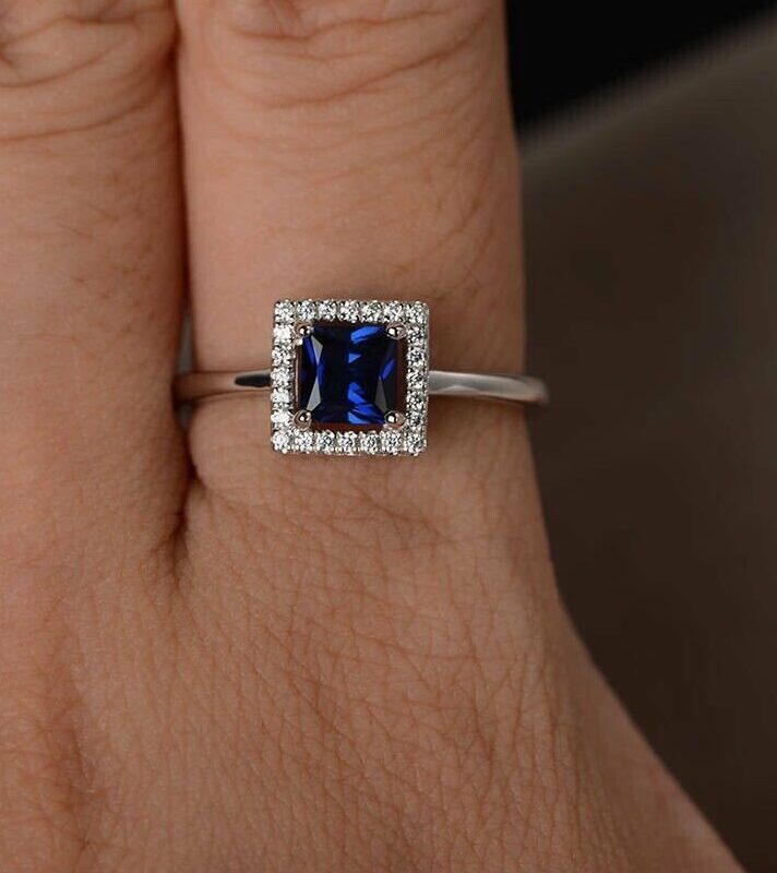 2.4Ct Blue Princess Cut Halo Ring | Anniversary Gift | Ring For Wife | Women’s Gift
