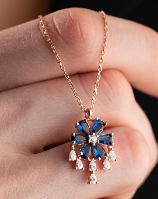 Flower Shape 3.30Ct Blue Pear Cut Prong Pendant | Party Wear Pendant | Everyday Elegance Pendant | Jewelry Collection
