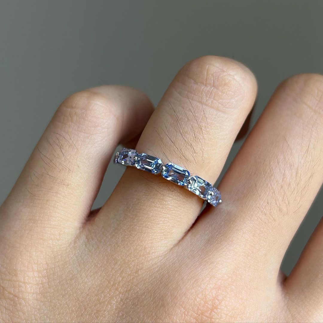 2.85Ct Blue Emerald Cut Half Eternity Band Ring | Daily Wear Band Ring | Proposal Band Ring | Women Jewelry