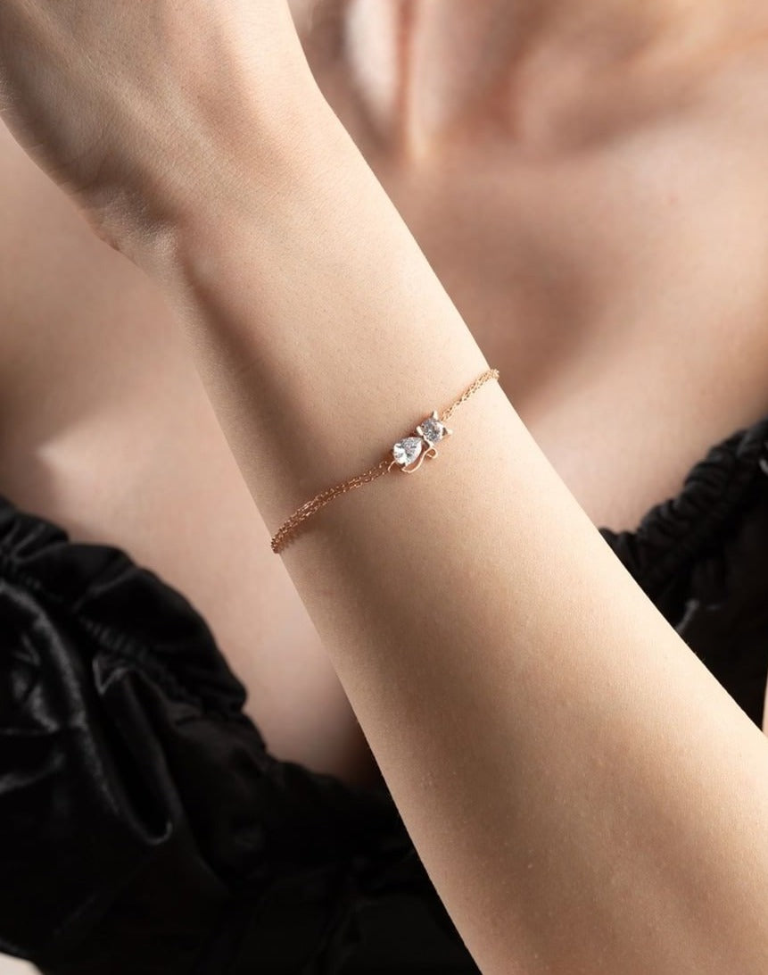 Cat Shape White Round And Pear Brilliant Cut Signity Diamond Solitaire Bracelet For Girl | Cable Chain Bracelet For Her | Everyday Wear Jewelry