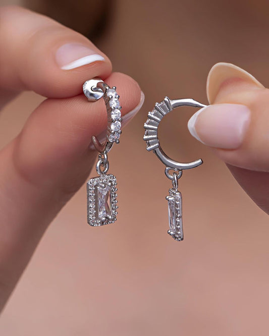 White Baguette Cut Cubic Zirconia Halo Open Hoop Earring For Girl | Perfect Gift For Special Occasions | Designer Earring For Her