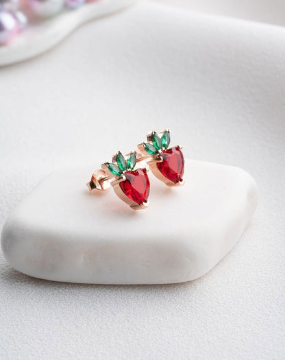 Strawberry Shape Red Heart Cut Cubic Zirconia Solitaire Earrings For Women | Birthday Gift For Teenage Girl | Promise Gift Earring For Love