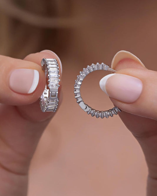 White Baguette Cut Cubic Zirconia Full Eternity And Prong Set Hoop Earring For Her | Birthday Gift Hoop Earring For Her | Everyday Wear Jewelry For Women