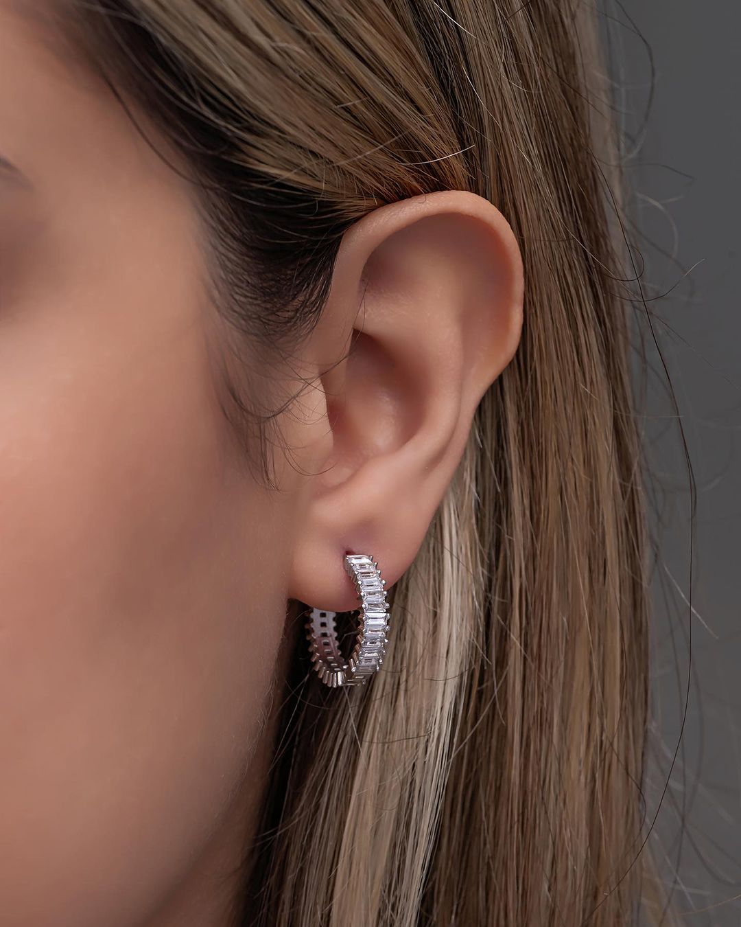 White Baguette Cut Cubic Zirconia Full Eternity And Prong Set Hoop Earring For Her | Birthday Gift Hoop Earring For Her | Everyday Wear Jewelry For Women