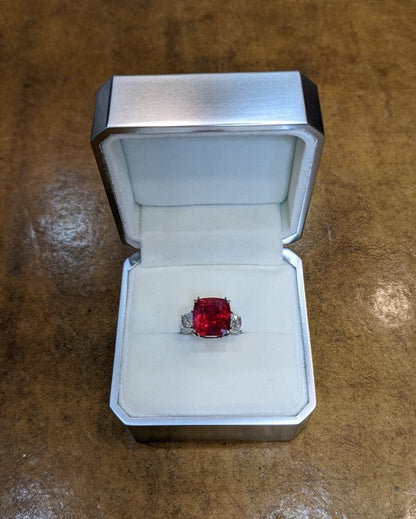 3.2CT Red Cushion Cut Three Stone Ring | Wedding Ring For Bridal | Luxury Jewelry | Delicate Ring