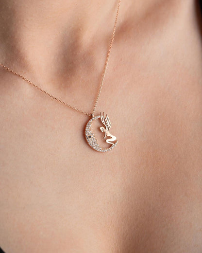 Sitting Fairy Moon Shape 2.50Ct White Round Cut Cluster Pendant | Birthday Gift Pendant | Stunning Pendant For Her | Women Jewelry