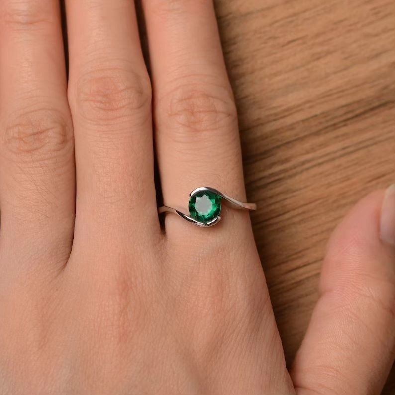 2.5Ct Green Round Cut Tension Ring | Promise Ring For Her | Delicate Solo Diamond Ring | Personalized Gift