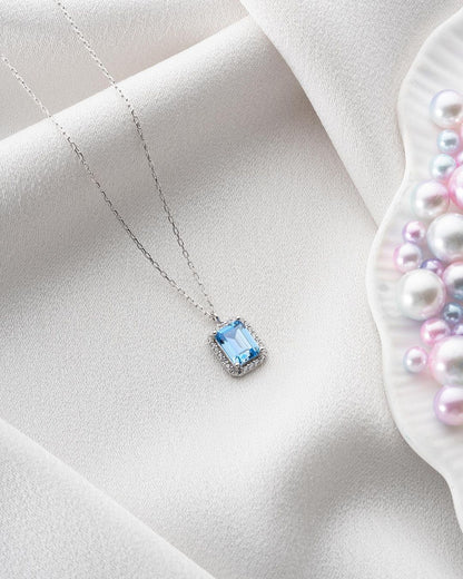2.88Ct Aquamarine Color Emerald Cut Halo Pendant | Daily Wear Pendant For Women | Delicate Pendant For Her | Fashion Jewelry