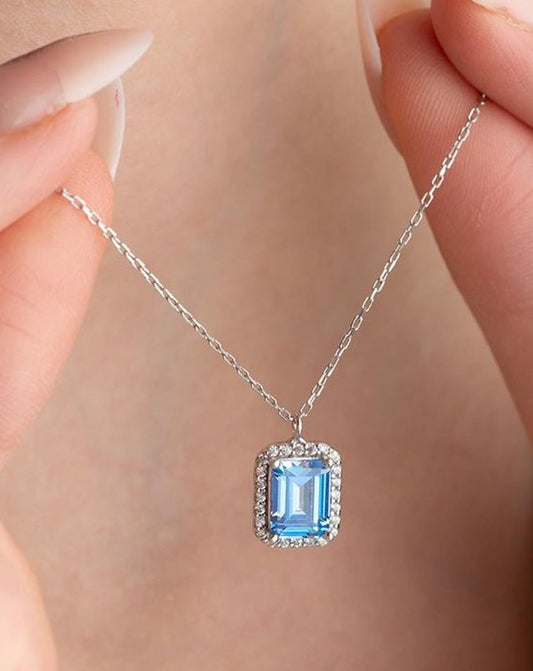 2.88Ct Aquamarine Color Emerald Cut Halo Pendant | Daily Wear Pendant For Women | Delicate Pendant For Her | Fashion Jewelry
