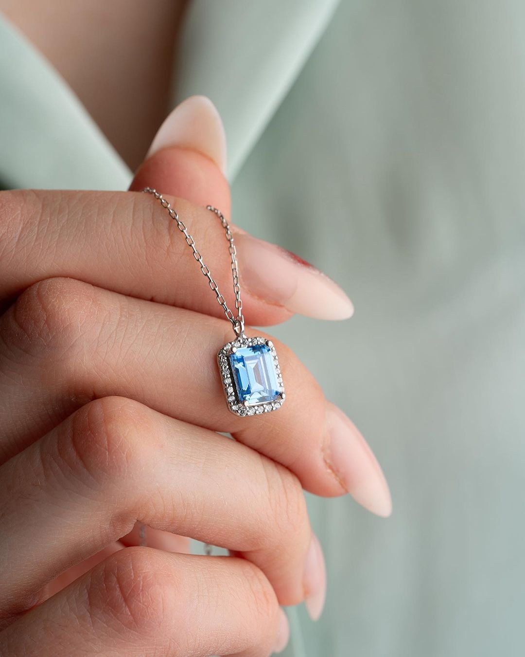 2.88Ct Aquamarine Color Emerald Cut Halo Pendant | Daily Wear Pendant For Women | Delicate Pendant For Her | Fashion Jewelry