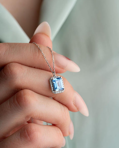 2.88Ct Aquamarine Color Emerald Cut Halo Pendant | Daily Wear Pendant For Women | Delicate Pendant For Her | Fashion Jewelry