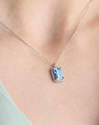 2.88Ct Aquamarine Color Emerald Cut Halo Pendant | Daily Wear Pendant For Women | Delicate Pendant For Her | Fashion Jewelry