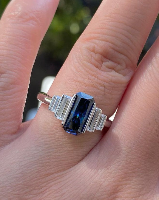 2.88Ct Blue Emerald Cut Bar Ring | Anniversary Gift Ring For Wife | Jewelry Collection | Minimalist Ring
