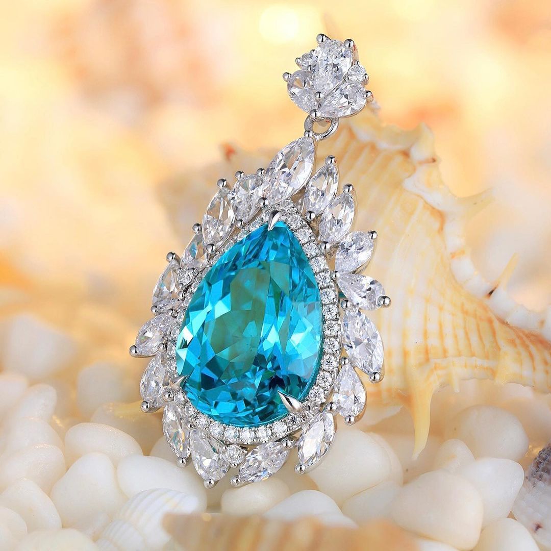 3.30Ct Aquamarine Color Pear Cut Halo Pendant | Party Wear Pendant For Women | Fashion Jewelry | Designer Jewelry Piece