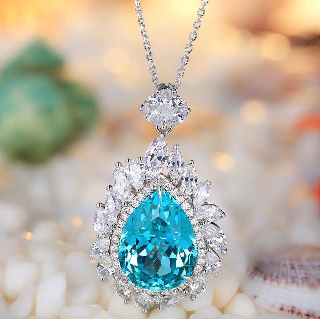 3.30Ct Aquamarine Color Pear Cut Halo Pendant | Party Wear Pendant For Women | Fashion Jewelry | Designer Jewelry Piece