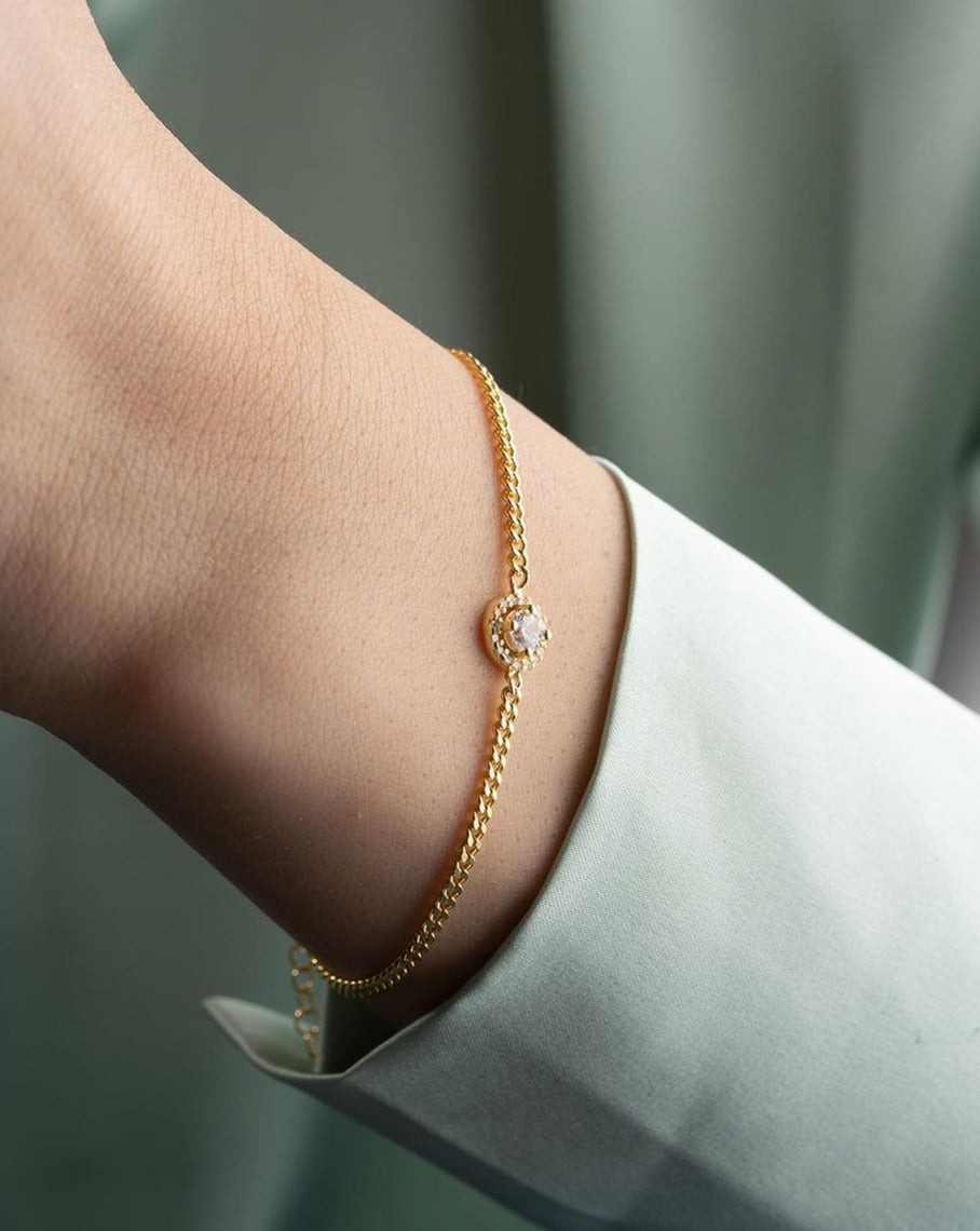 White Round Brilliant Cut Signity Diamond Halo Bracelet | Curb Chain Bracelet For Her | Birthday Gift For Sister