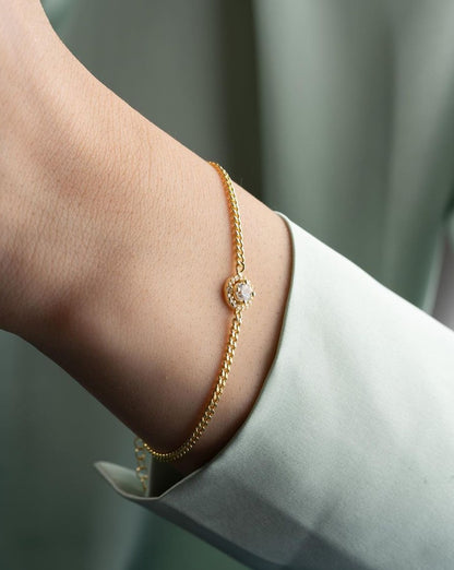 White Round Brilliant Cut Signity Diamond Halo Bracelet | Curb Chain Bracelet For Her | Birthday Gift For Sister