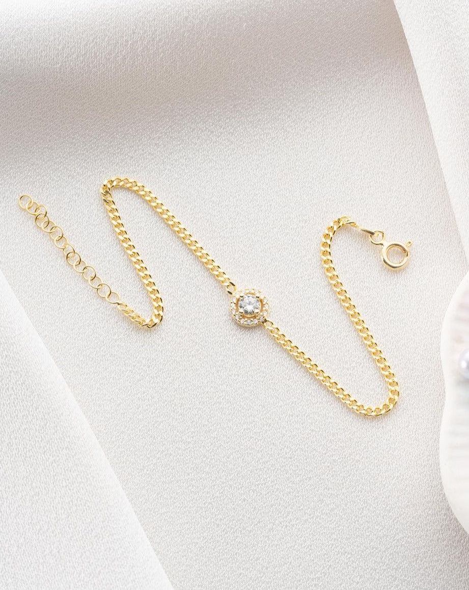 White Round Brilliant Cut Signity Diamond Halo Bracelet | Curb Chain Bracelet For Her | Birthday Gift For Sister