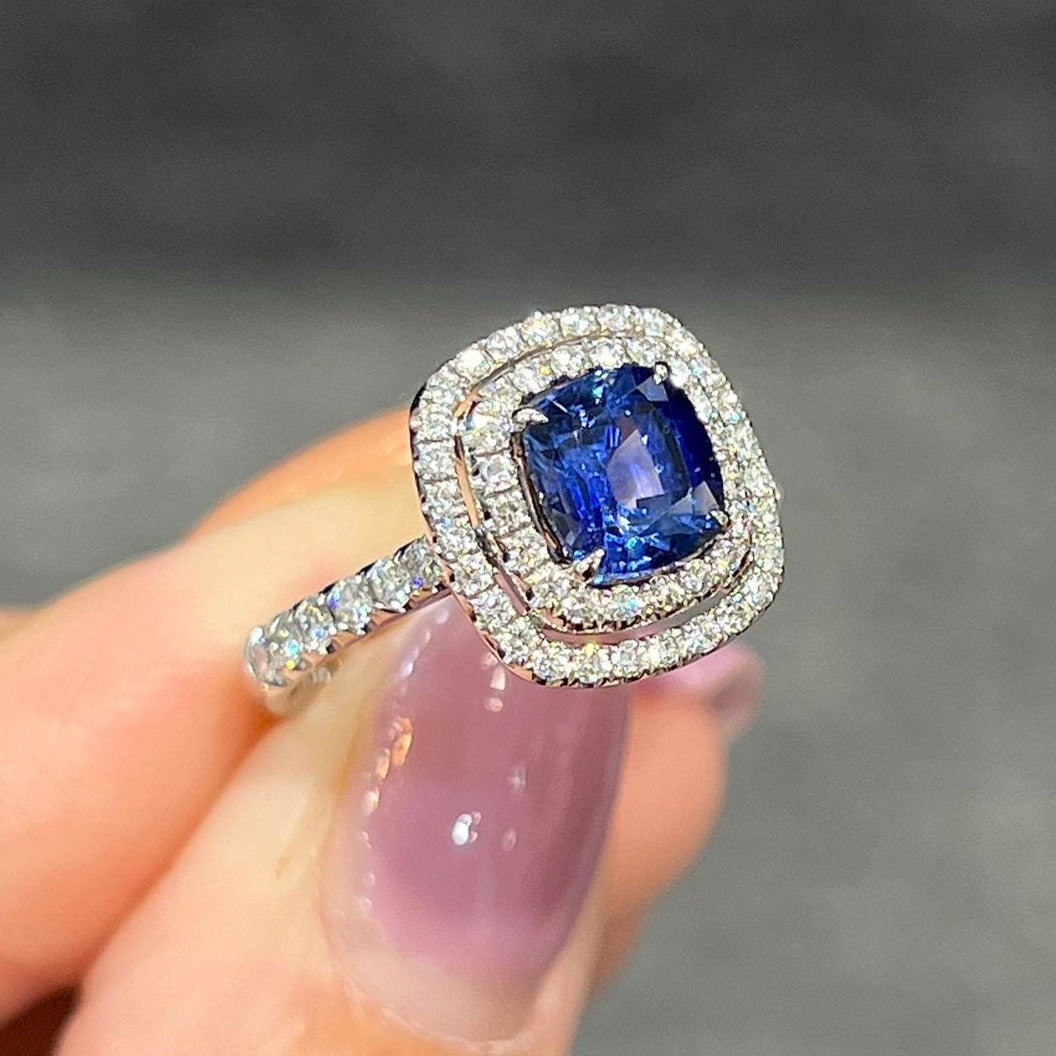 3.2Ct Blue Cushion Cut Double Halo Ring | Beautiful Ring For Women | Modern Bridal Ring | Fancy Ring