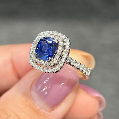 3.2Ct Blue Cushion Cut Double Halo Ring | Beautiful Ring For Women | Modern Bridal Ring | Fancy Ring