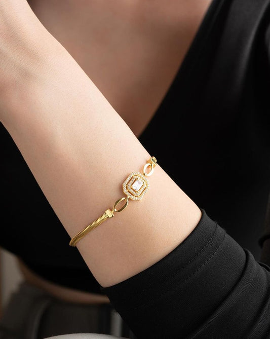 White Baguette Brilliant Cut Signity Diamond Double Halo Bracelet | Engagement Gift Bracelet For Fiancee | Promise Gift Bracelet For Her
