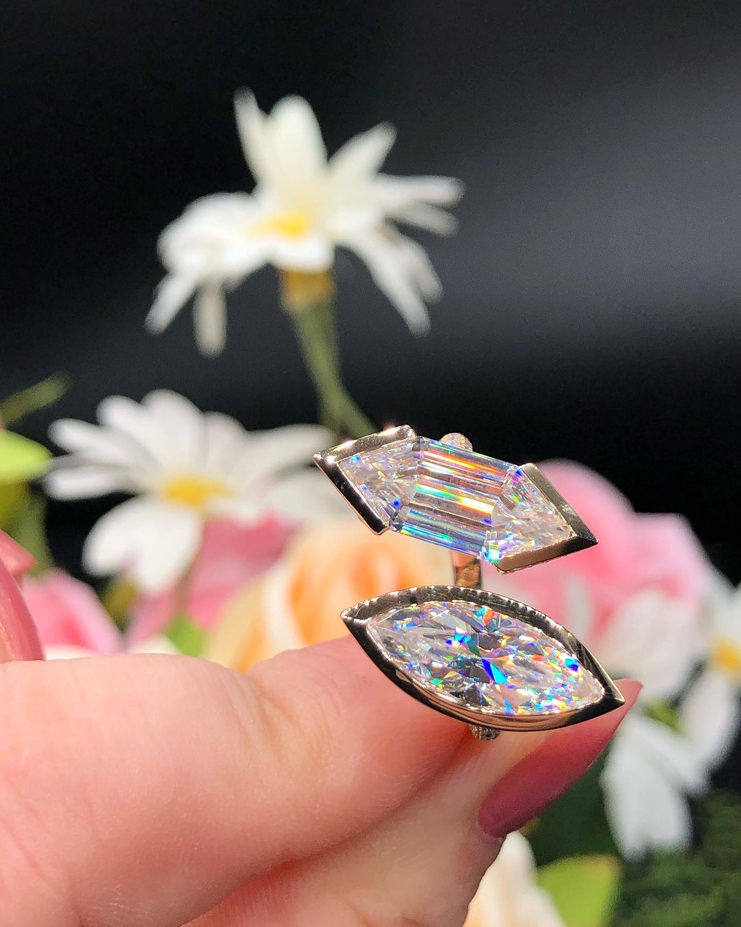 3.50Ct White Marquise And Hexagon Cut Two Stone Ring | Toi Et Moi Ring | Party Wear Ring