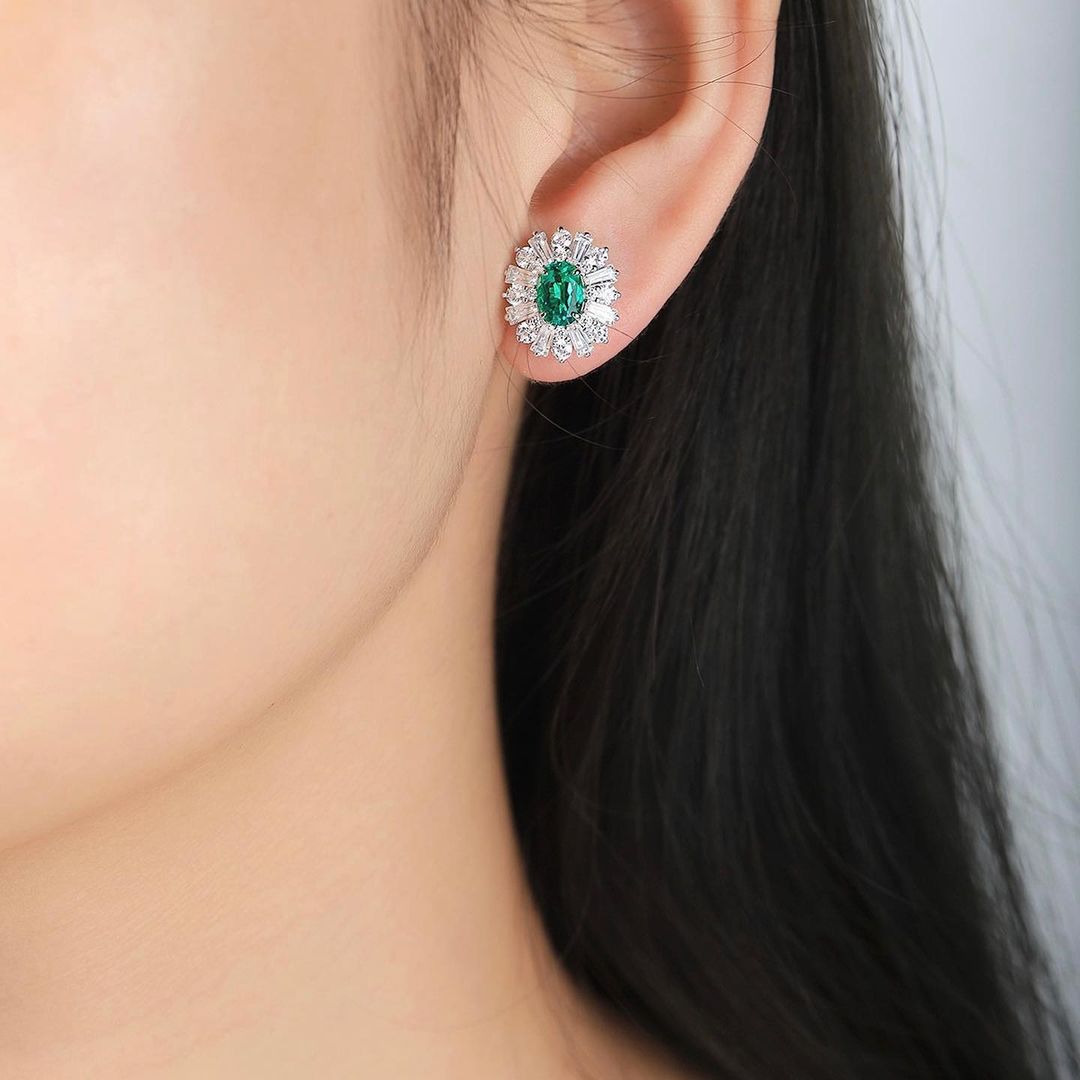 Green Oval Cut Cubic Zirconia Solitaire With Cluster Stud Earring | Unique Statement Earring For Her | Special Events Earring