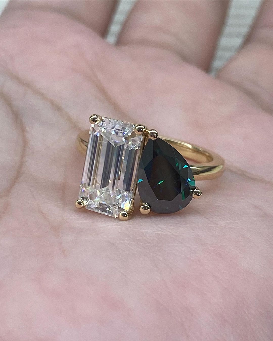 2.8Ct Green Pear And White Emerald Cut Two Stone Ring | Birthday Gift Ring | Toi Et Moi Ring | Gift For Her