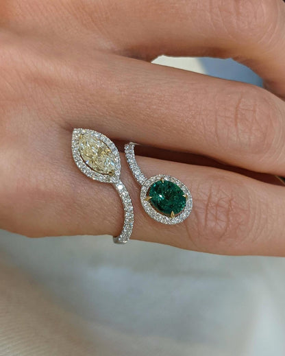 2.2Ct Green Oval And Yellow Marquise Cut Halo Ring | Wedding Ring For Bridal | Proposal Ring | Attractive Ring