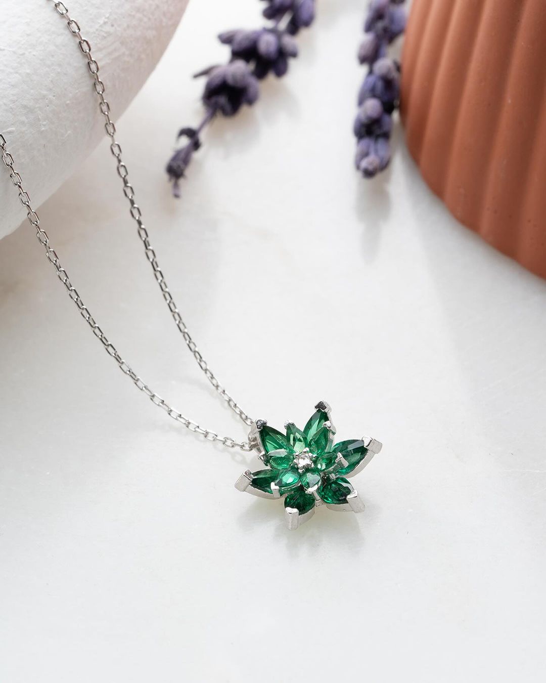 Lotus Flower Shape 3.30Ct Green Pear Cut Cluster Pendant | Customize Pendant | Designer Pendant | Party Wear Pendant For Women