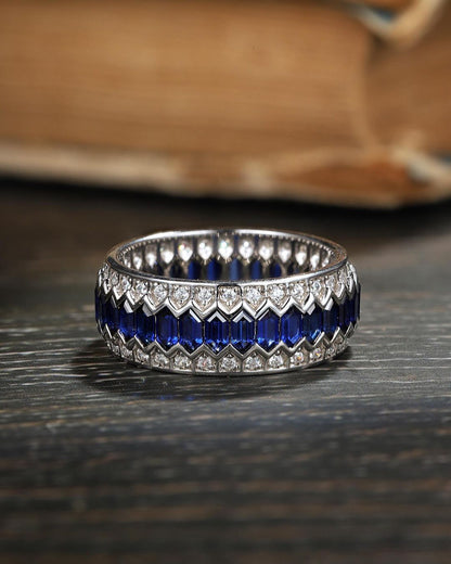 1.4Ct Blue Hexagon Cut Pave Band | Birthday Gift Band | Gift For Mother | Gemstone Band