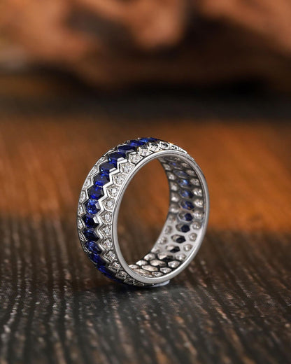 1.4Ct Blue Hexagon Cut Pave Band | Birthday Gift Band | Gift For Mother | Gemstone Band
