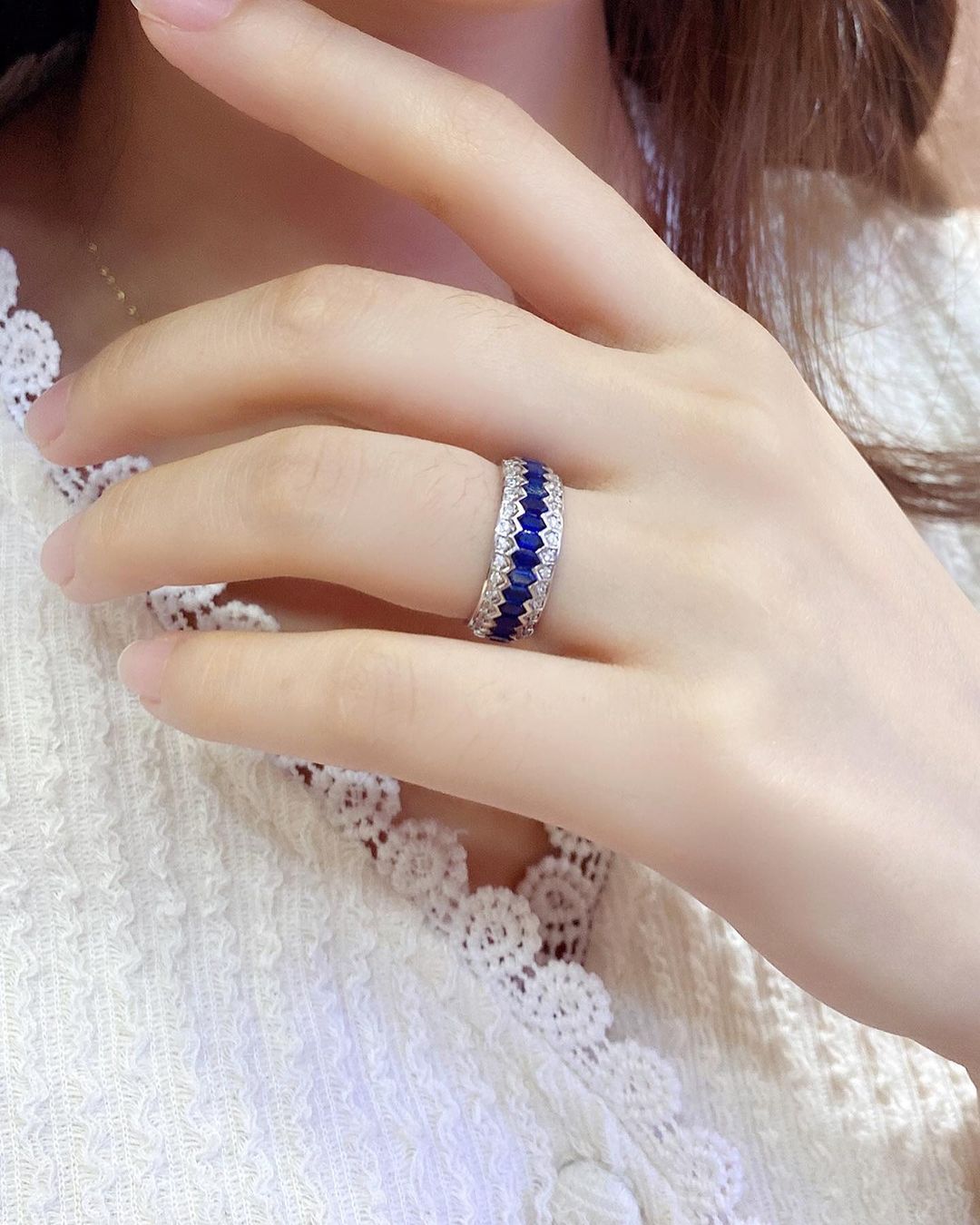 1.4Ct Blue Hexagon Cut Pave Band | Birthday Gift Band | Gift For Mother | Gemstone Band