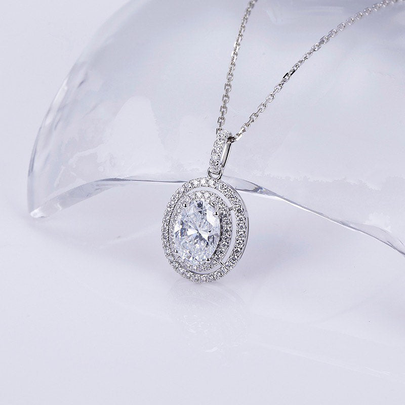 3.20Ct White Oval Cut Double Halo Pendant | Party Wear Pendant | Special Occasion Pendant | Forever One Pendant
