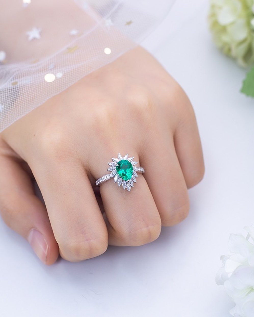 3.1Ct Green Pear Cut Halo Ring| Party Wear Ring | Special Occasion Ring | Timeless Design